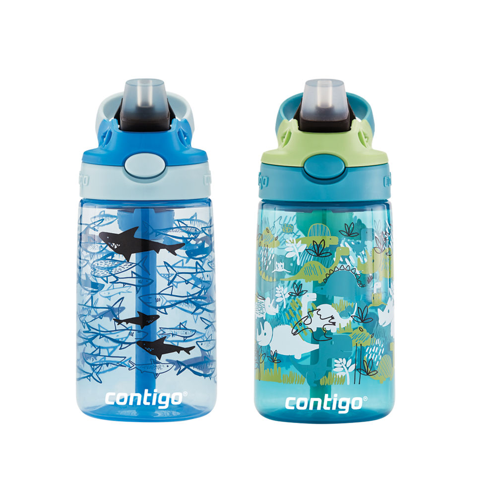 Kids Straw Water Bottle with AUTOSPOUT® Lid, 14oz - Dinos & Sharks